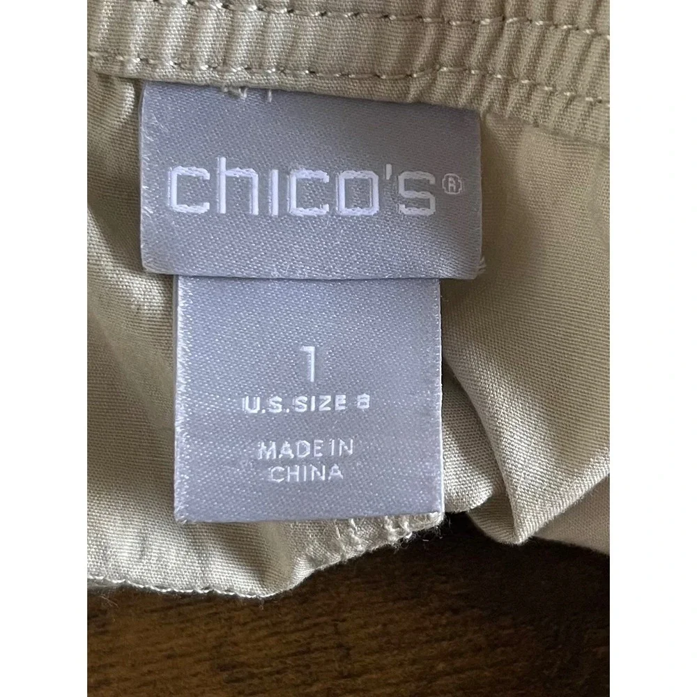 Chicos Cargo Crop Pants Size 8 Beige Mid Rise Utility Pocket Cuffed Hem Coastal
